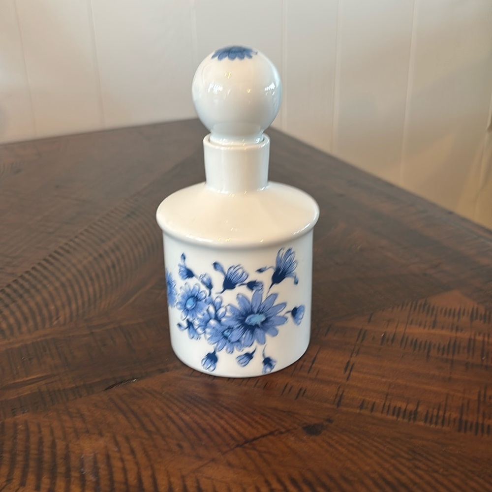 Floral Blue and White Milk Glass Stoppered Bottle